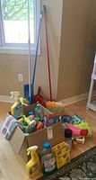 Photo showing full collection of cleaning supplies in box plus mop, broom, dustpan with brush, and red bucket.