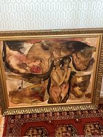Front view showing entire framed painting with humanoid and animal forms in earthy and muted colors.