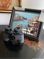 Framed picture of Venice, Italy alongside a pair of black binoculars on a table.