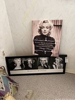 Two Marilyn Monroe canvas art pieces displayed together. One rectangular horizontal canvas with four portraits, one vertical canvas with a single portrait and quote.