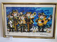 Full view of framed Paul Blaine Henrie print showing five musicians in colorful costumes with a blue background.