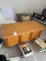 Angled front top view of the light wood storage bench showing scratches and wood grain.