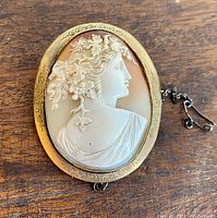 Front view of oval shell cameo brooch showing carved female profile and engraved frame