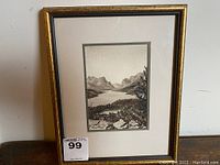 Full view of framed pencil drawing with gold frame and double matting showing entire artwork.