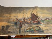Photo showing a section of the unframed oil on canvas painting depicting boats and figures at a harbor with artist's signature visible in bottom corner.