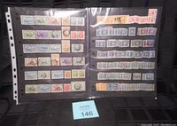 Two album pages displayed side by side with various Canadian postal stop stamps arranged in rows, many duplicates visible, different denominations and colors.