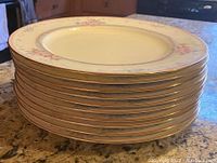 Stack of 9 dinner plates and 1 extra dinner plate showing cream background with floral motif and gold trim