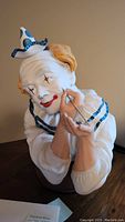 Porcelain clown sculpture with detailed white face makeup and blue hat, holding paintbrush near eye.