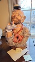 Front view of porcelain clown bust showing expressive face, bowler hat, red scarf and attached base.