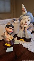 Overview of both clown busts on table