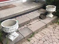 Full view of two white concrete pedestal planters placed on concrete stairs beside a brown steppingstone with dragonfly design