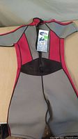 Full view of the ladies wet suit showing colors and front zipper.