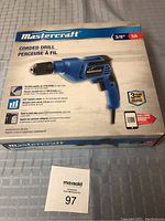 Mastercraft corded drill in original box showing product details and specifications.