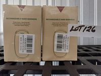Photo showing two boxed rechargeable hand warmers standing side by side on a rack with barcodes visible, labeled as Lot 126