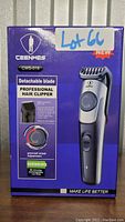 Front view of the retail box showing the Ceenwes Professional Hair Clipper CWS-019 with image of the clipper and details about detachable blade and grooved wheel adjustment.