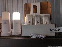 Two LED night lights illuminated and standing on a surface next to a box containing five more night lights in plastic packaging, an in-wall smart switch faceplate, and a white USB charging cable.