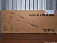 Box front featuring line drawing of the Renpho cordless massager and icons depicting its interchangeable heads. Included the lot number sticker.