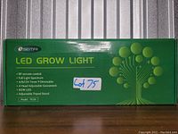 Photo of green rectangular Semai LED Grow Light box showing product features and model number PL04, lot 75 sticker visible.