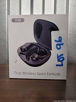 Front-facing box showing image of T20 wireless earbuds in charging case and product name.