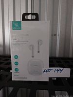 Front image of sealed USAMS True Wireless IA Series Earbuds box showing product and features.