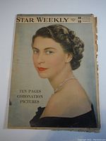 Front cover photo of the magazine featuring a color portrait of Queen Elizabeth with styled hair and jewelry, with visible edge wear.