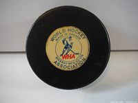 Top view of the hockey puck showing the round World Hockey Association logo with 'Made in Canada' and Viceroy Mfg Co. Ltd. text.