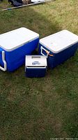 Photo showing two large blue Coleman coolers with white lids, one wheeled, and a smaller blue and white Igloo Little Playmate cooler in front on grass.