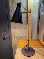 View of the full lamp showing the round base, vertical brass shaft, adjustable wooden knob, and black conical shade.