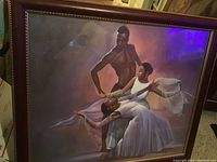 Framed painting titled 'Black Art' featuring three dancers, signed L. Ross, frame size 32 x 27.5 inches.