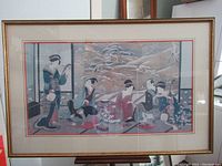 Frontal view of the framed print depicting Japanese women in a winter indoor scene with a snow-covered landscape outside.