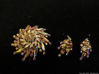 Front view of brooch and earrings on black background