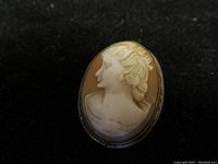 Front view of the oval cameo brooch showing the carved female silhouette in relief on a contrasing background.