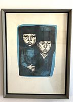 Framed signed and numbered woodcut print 'The Children' showing the full artwork and frame