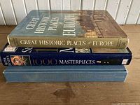 Stack of three hardcover coffee table books showing titles on the spines: Great Historic Places of Europe, 1000 Masterpieces, and a blue book titled The World of Birds.
