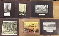 Lot of 6 vintage laminated photographs showing various historical views of the Beaches area in Toronto including lighthouse, streets, and park scenes.