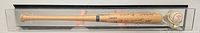 Front view of signed baseball bat and baseball in display case