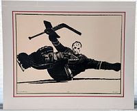 Full view of the lithograph showing a hockey goalie in action, black ink on cream paper, matted with red and white mats.
