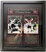 Front view of framed piece showing both signed photos and title text