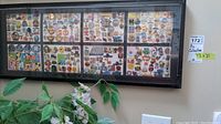 Overall wide view of black framed display case with eight panels of assorted souvenir and character enamel pins.