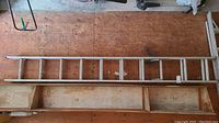 Full view of the aluminum extension ladder laid on the floor against plywood.