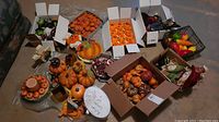 Wide view of various Halloween decorations including faux pumpkins, gourds, and boxed figurines