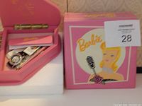 Barbie watch, pink box with Barbie logo, pen, and original tags inside