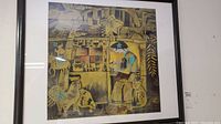Full view of framed watercolor painting showing abstract figure with animals and architectural elements.