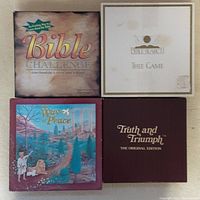 Four Christian Bible board games arranged in a 2x2 layout: Bible Challenge, Bible Search Thee Game, Way of Peace, and Truth and Triumph The Original Edition.