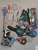 Full view of sports lot items arranged on ground: 2 lacrosse sticks (1 blue), 14 racquets (tennis and badminton), gated gloves, arm guards, badminton net, and horseshoes.