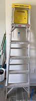 Full view of the aluminum ladder against a wall showing its height, condition, and overall look with yellow top cap and silver steps.