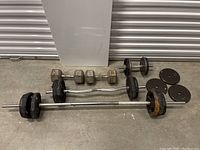 Overview of all weights including two hex dumbbells, EZ curl bar, straight dumbbell bar, straight barbell bar, and loose plates.