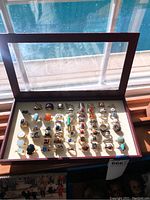 Overall view of closed box with lid open showing thirty rings