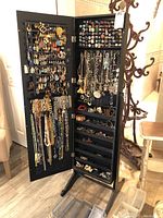 Cabinet interior opened showing hanging necklaces on left door, necklaces and bracelets on right panel, ring and earring rows at top and compartments at bottom