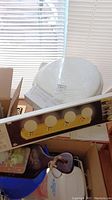 Light bar fixture with four clear sockets and polished brass finish shown in packaging box near window.